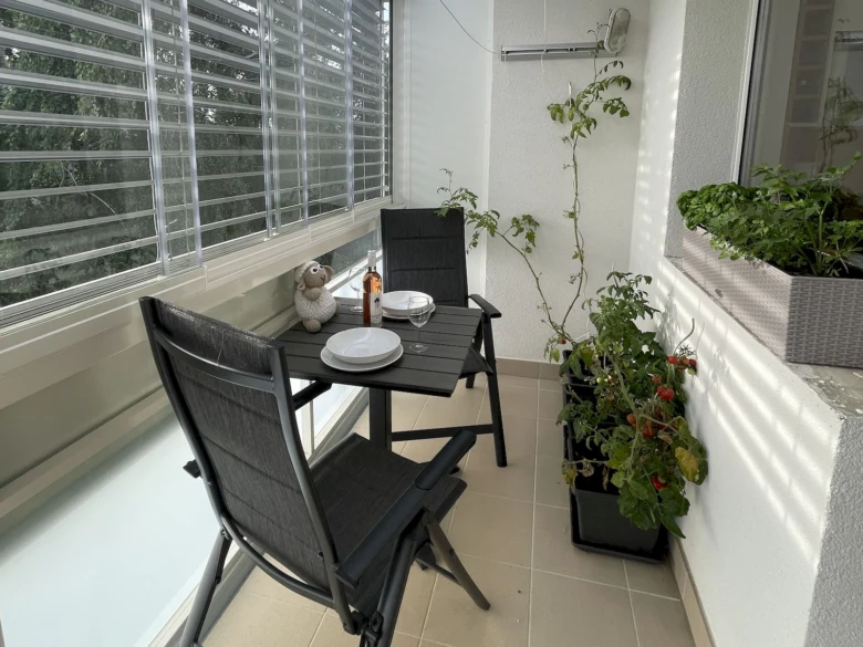 Zelený balkon s rostlinami, stolkem a židlemi po rekonstrukci.