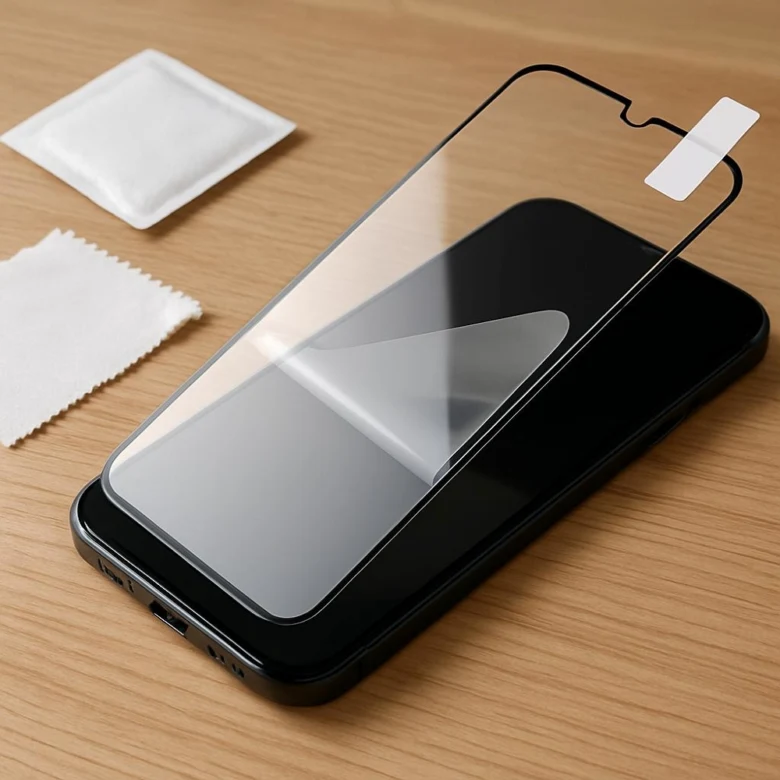 Sada na aplikaci ochranného skla pro mobilní telefon s utěrkami.
