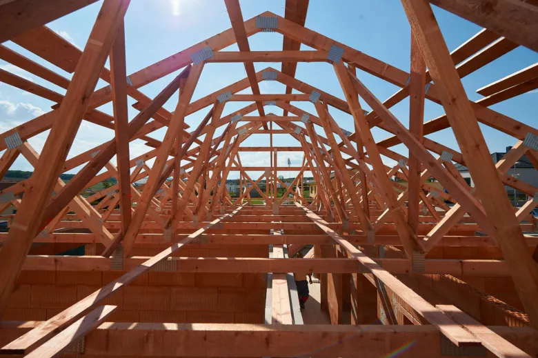 Wooden roof trusses under construction