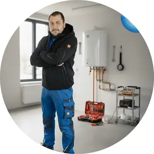 Montér s nářadím u bojleru pro servis v Praze