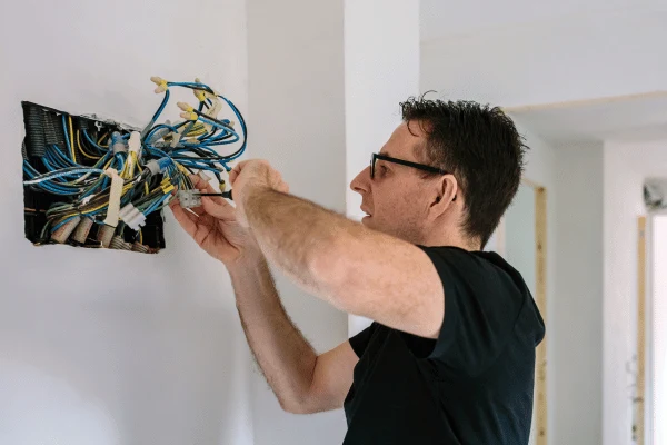 Elektrikář opravuje dráty v elektrickém rozvaděči na zdi.