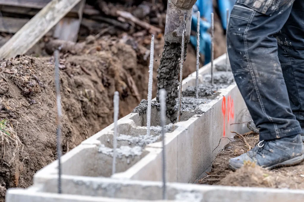 Stavebník nalévá beton do bednění s výztuží.