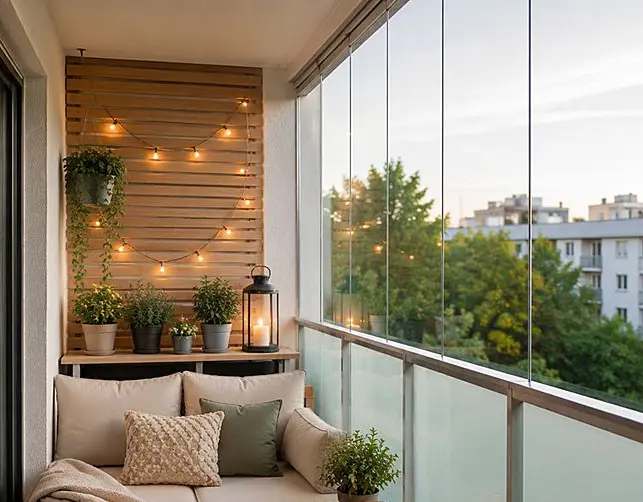 Moderní balkon s plně zasklenými stěnami pro výhled do města.