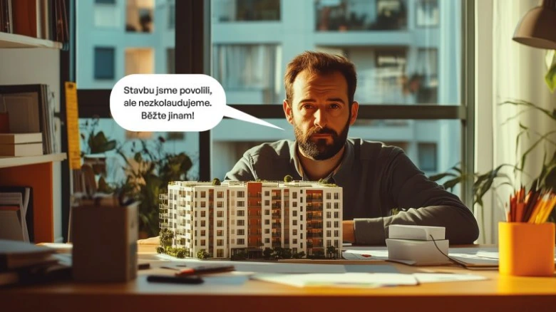 Architekt s modelem budovy u stolu v kanceláři