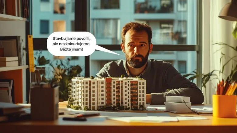 Architekt sedí u modelu domu před kolaudací.