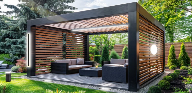 Modernní osvětlená pergola s venkovním sedacím nábytkem.