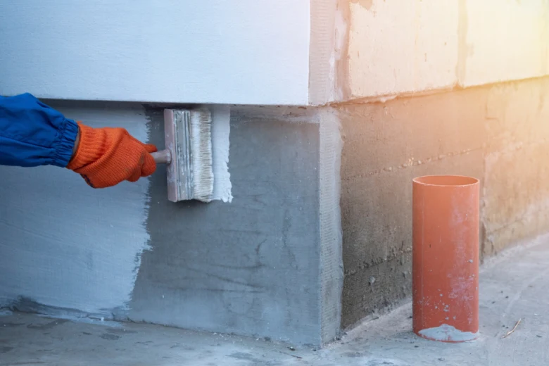 Pracovník nanáší venkovní hydroizolační vrstvu na betonovou zeď.