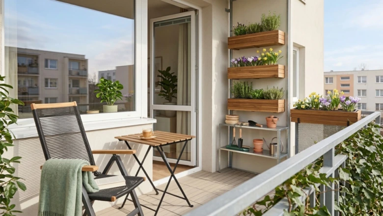 Malý balkon v paneláku s rostlinami a venkovním nábytkem.