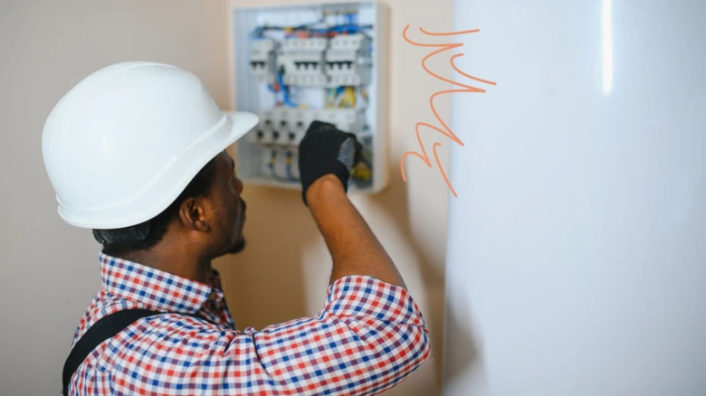 Elektrikář pracuje u domovního rozvaděče v bytě.