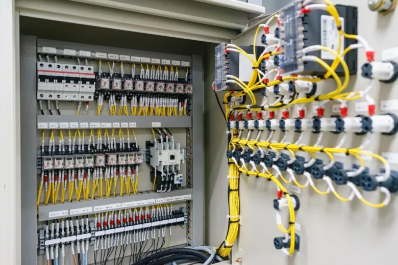 Otevřená skříň s elektrickým rozvaděčem a žlutými kabely.