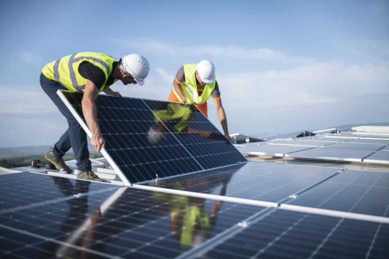 Dva dělníci montují fotovoltaickou desku na střechu.
