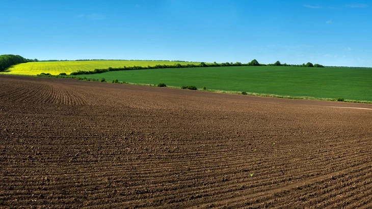 Ploha s nově upravenou půdou na pozadí zelených polí.