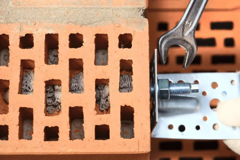 Instalace chemické kotvy s přírubou do cihlové zdi pomocí šroubu.