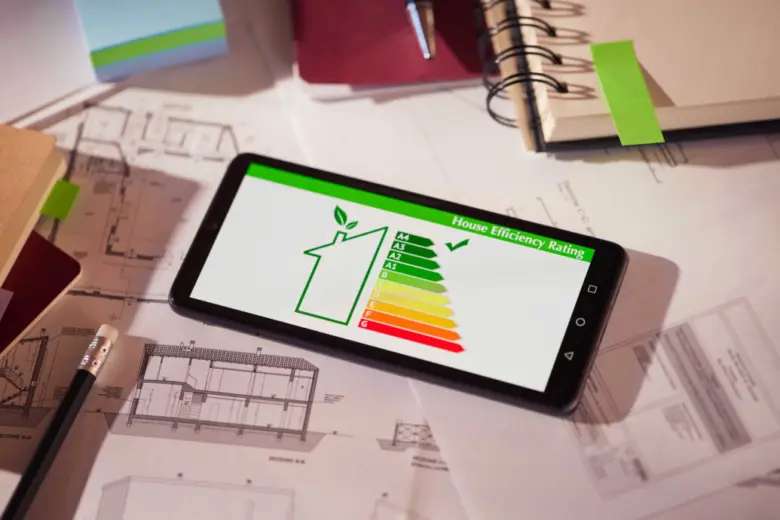 Smartphone s energetickou třídou budovy na plánech staveb.