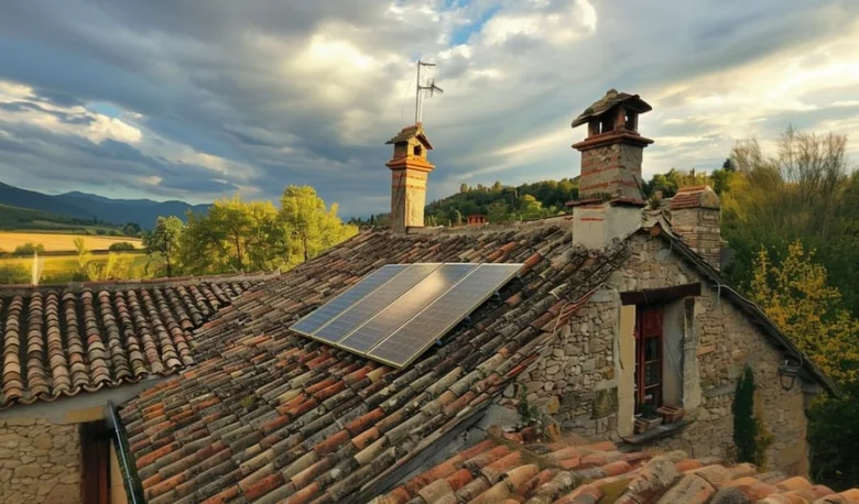 Solární panely na střechu starého kamenného domu.