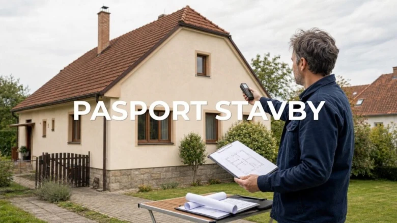 Muž s plány inspektuje dům pro pasport stavby.