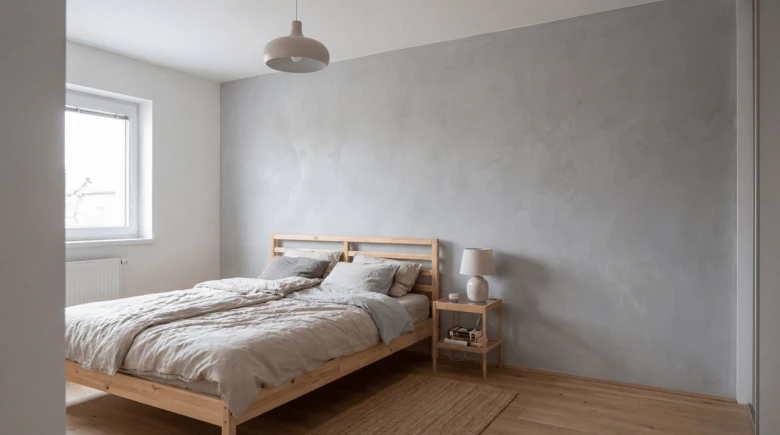 Bedroom with decorative plaster wall