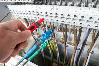 Ruční měření napětí v elektrickém rozvaděči pomocí multimetru.
