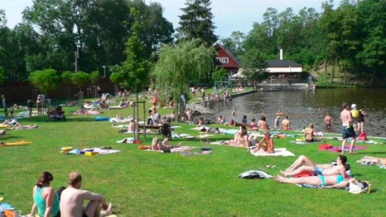 Lidé se opalují na trávě u jezera v přírodním koupališti.