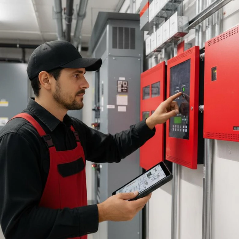 Technik pracuje na elektrické požární signalizační skříni v průmyslovém prostoru.