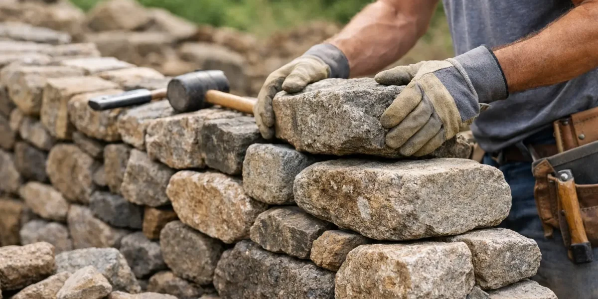 Stavebník kladne kamínek na suchou zdi pomocí tradiční techniky.