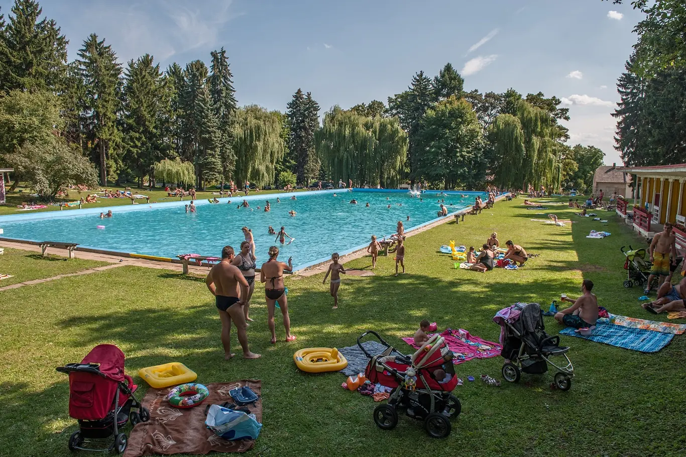 Venkovní bazén ve Všejanech s lidmi plavajícími a odpočívajících na trávníku.