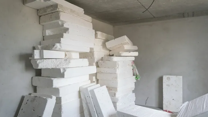 Skládané bloky expandovaného polystyrénu ve stavbě.