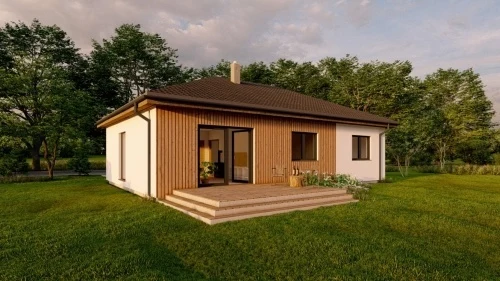 Moderní dřevostavba v podobě jednopodlažního domu s terasou.