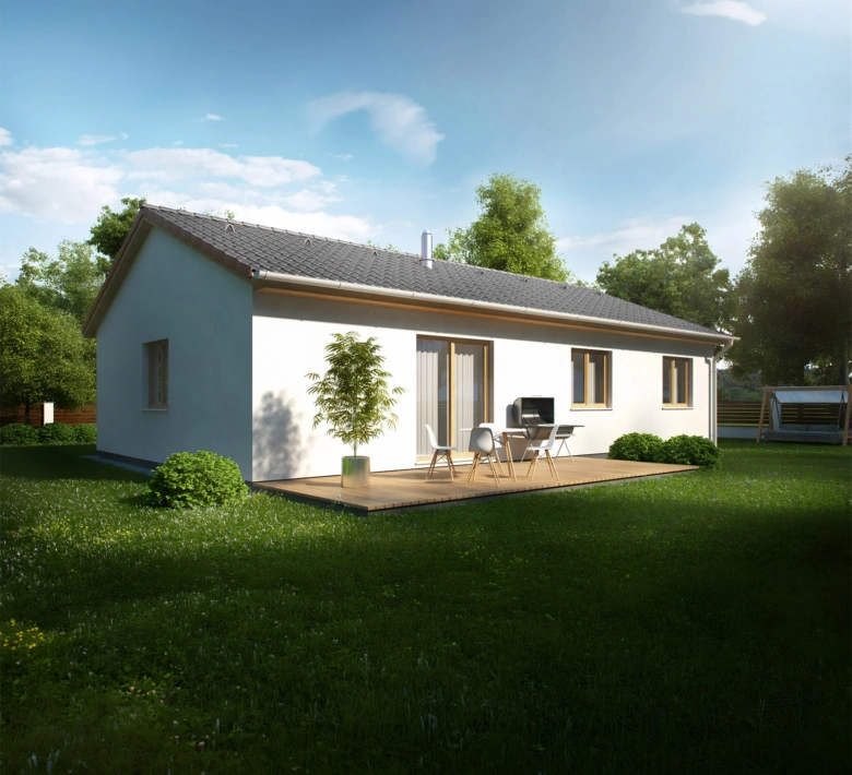 Moderní dřevostavba bungalov s venkovním posezením.
