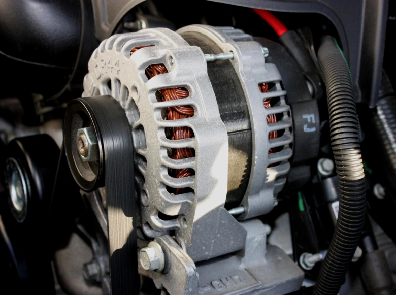 Detailní pohled na automobilový alternátor s měděnými cívkami.