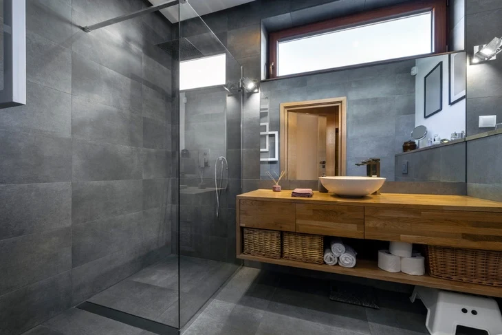 Modern bathroom with shower and vanity