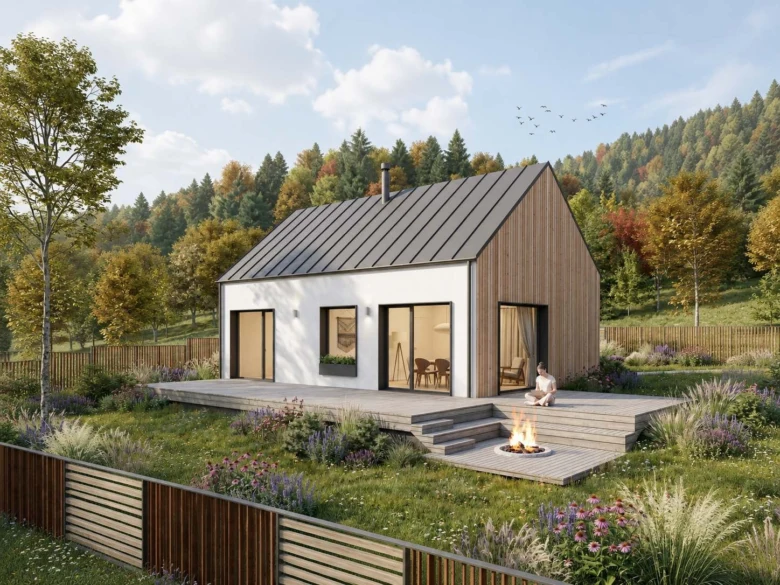 Moderní dřevostavba bungalov v přírodě s krbem na terase.