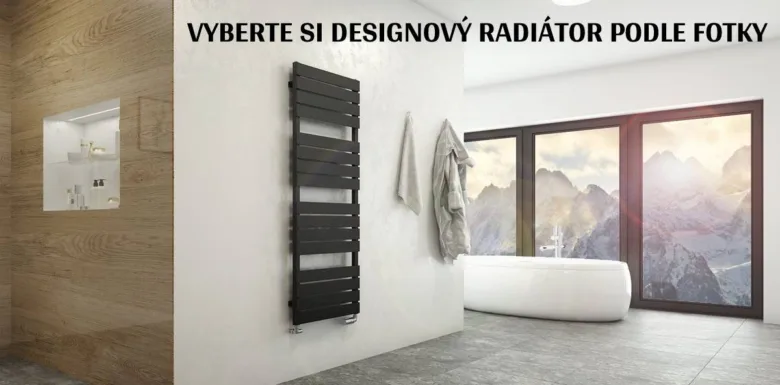 Černý designový radiátor v koupelně s vanou.