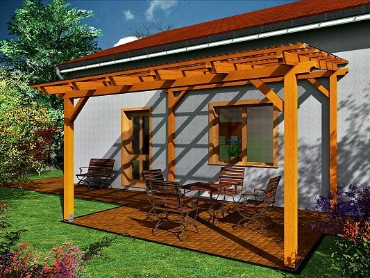 Dřevěná pergola s nábytkem připojená k domu.