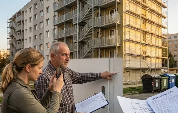 Muž ukazuje na prasklinu v zdi při rekonstrukci bytu s lodžií.
