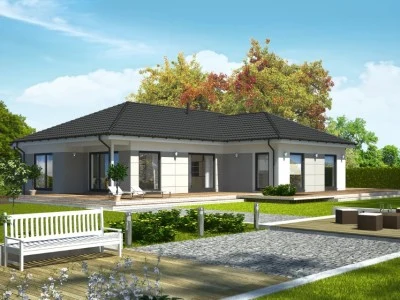 Moderní projekt domu typu bungalov s velkými okny.