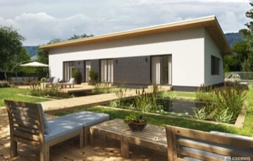 Moderní montovaný bungalov s zahradou a terasou.