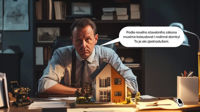 Muž u stolu s modelem domu vysvětluje novou kolaudaci.