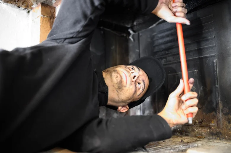 Muž provádí revizi komína pomocí nástroje uvnitř spalinové cesty.