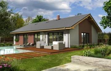 Modernní montovaný domek s bazénem na pozadí zelené zahrady.