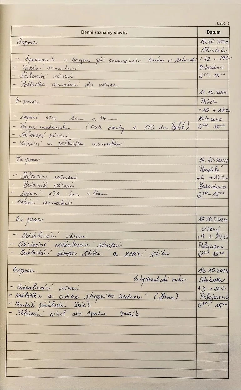 Ruka psaná deník stavební s daty od 10. do 16. října.