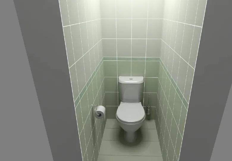 Bílá toaleta v úzkém záchodovém koutě s dlažbou.