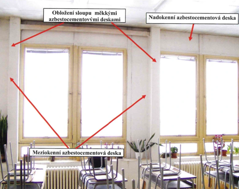 Fotografie třídy s označenými azbestocementovými deskami na sloupech a v oknech.