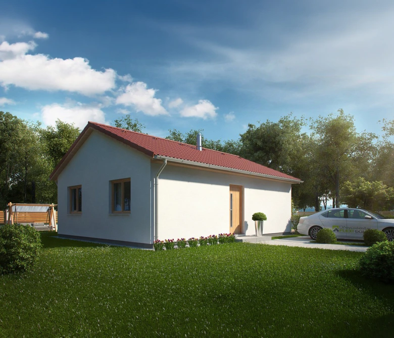 Moderní dřevostavba bungalov s červenou střechou a zahradou.