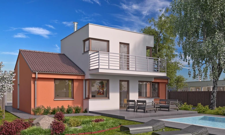 Moderní dvoupatrový dům se sedlovou střechou v zahradě s bazénem.