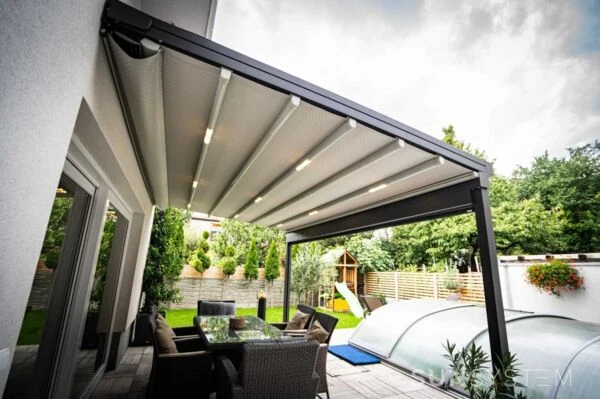 Garden pergola with awning