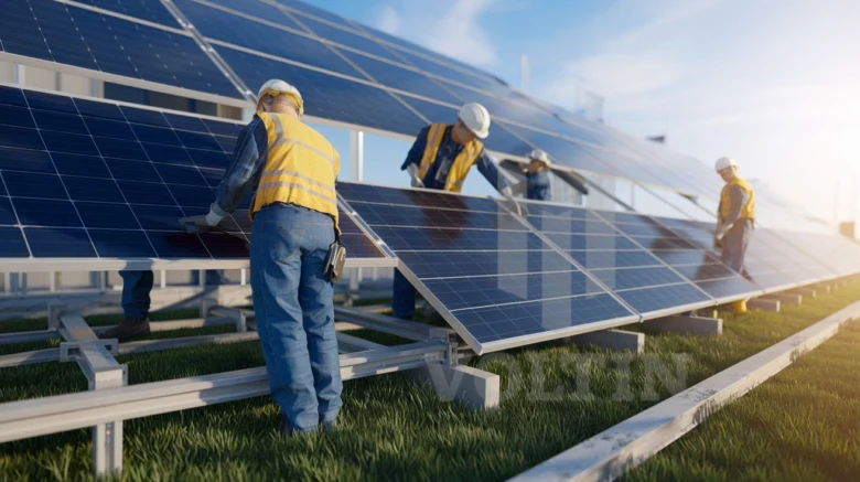 Pracovníci montují fotovoltaické panely na solární elektrárně.