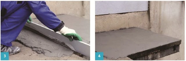 Práce na balkóně: vyrovnávání čerstvého betonu pro podlahu.