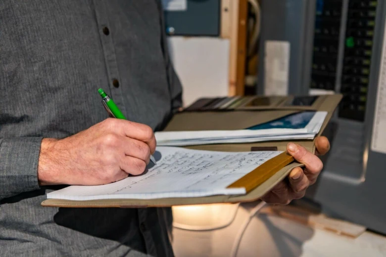 Muž zapisuje poznámky na tabuli při revizi elektroinstalace.