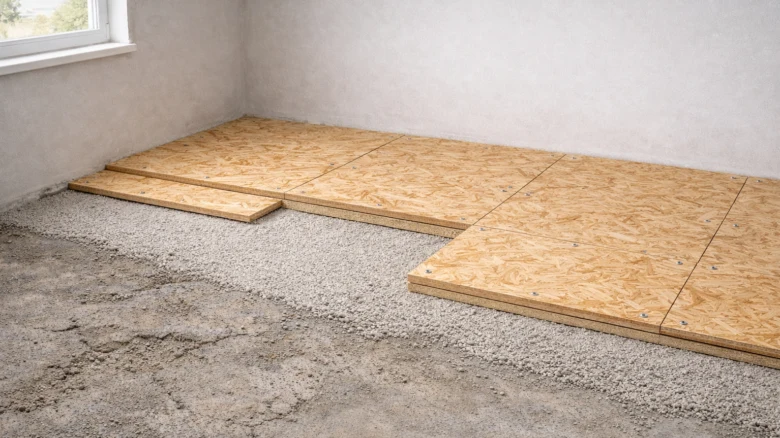 OSB desky položené na štěrku před samonivelačním betonem